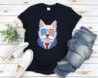 Camicia per cani Westie, maglietta per cani con occhiali da sole, camicia per cani patriottica, camicia per cani del 4 luglio, camicia per cani con bandiera americana, maglietta Westie
