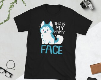 May include: Black t-shirt with a cartoon husky dog and the text "This is my happy face".