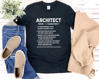 Può includere: Maglietta nera con testo bianco che recita "ARCHITETTO" e una definizione della parola. La definizione include un elenco di caratteristiche di un architetto, come "dorme 2 ore al giorno" e "si entusiasma per i dettagli a cui nessuno presta attenzione".