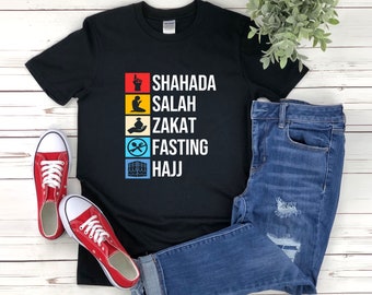 Islam Shirt, Islamische Shirts, Muslim Shirt, Fünf Säulen des Islam, Shahada Salah Zakat Fasten Hajj, Arabisches Geschenk, Muslimische Tshirt