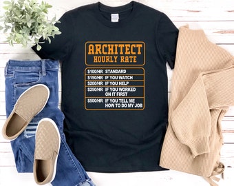 Può includere: Maglietta nera con testo arancione che recita "ARCHITECT HOURLY RATE" e un elenco di tariffe orarie in base al livello di assistenza fornito. Le tariffe sono: 100 €/h standard, 150 €/h se guardi, 200 €/h se aiuti, 250 €/h se hai lavorato su di esso per primo, e 500 €/h se mi dici come fare il mio lavoro.