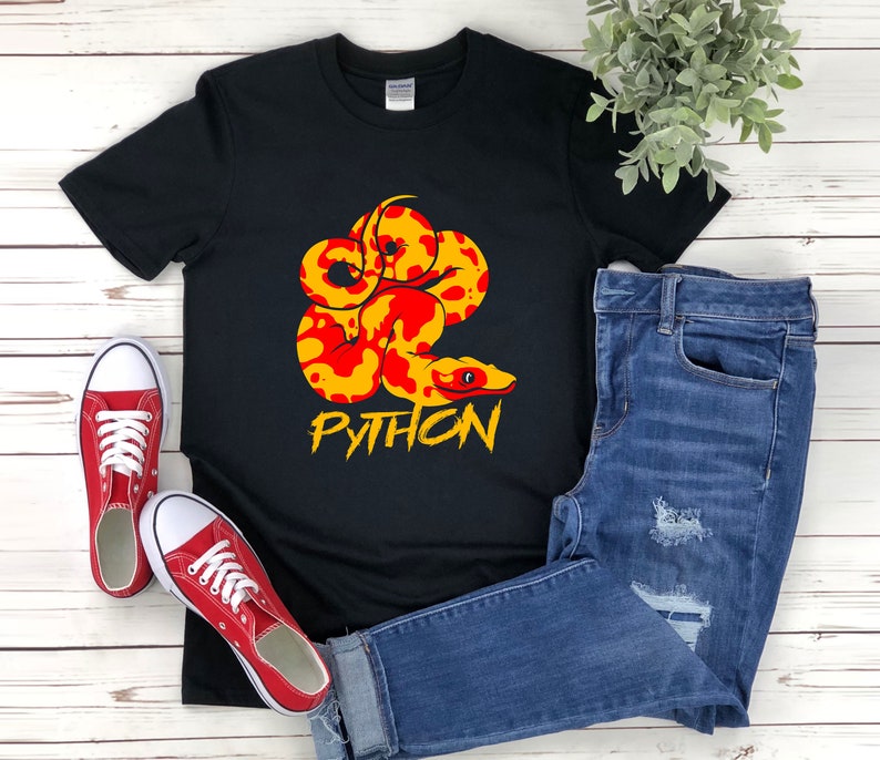May include: Black t-shirt with a red and yellow snake design and the word "PYTHON" in white letters.