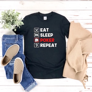 Camisa de pôquer, camisas de jogo engraçadas, repetição de pôquer do sono, camiseta de jogador de pôquer, camisa de cassino, camisa de pôquer para mulheres, camisa de jogo de cartas