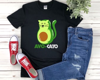 May include: Black t-shirt with a green avocado cat illustration and the text "Avo-Cato".