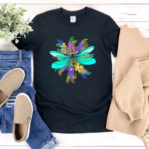 Dragonfly Shirt, Dragonfly With Flowers, Cute Dragonfly Shirt, Dragonfly Tee Shirt, Dragonfly Gifts, Bug Tshirt