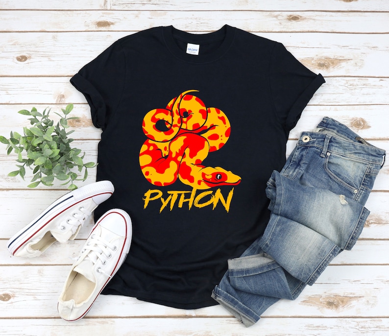 May include: Black t-shirt with a graphic of a yellow and red python snake with the word "PYTHON" written in white below it.