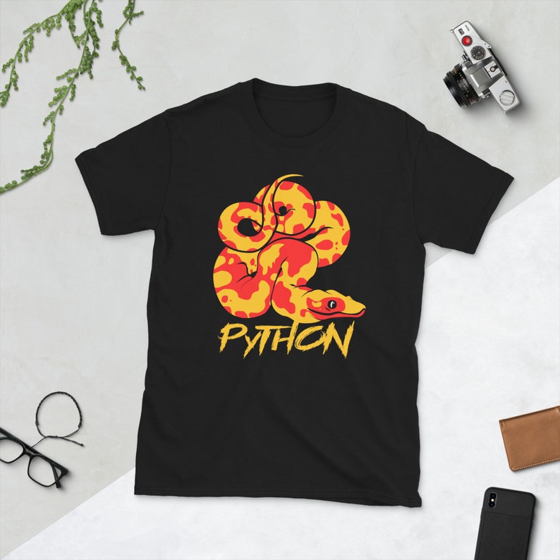 May include: Black t-shirt with a yellow and red python snake illustration and the word "PYTHON" in yellow letters.