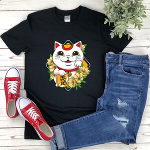 Maneki Neko Shirt, Cat With Flowers, Cute Cat Shirt, Maneki Neko Gift, Lucky Cat Shirt, Cat Flower Shirt