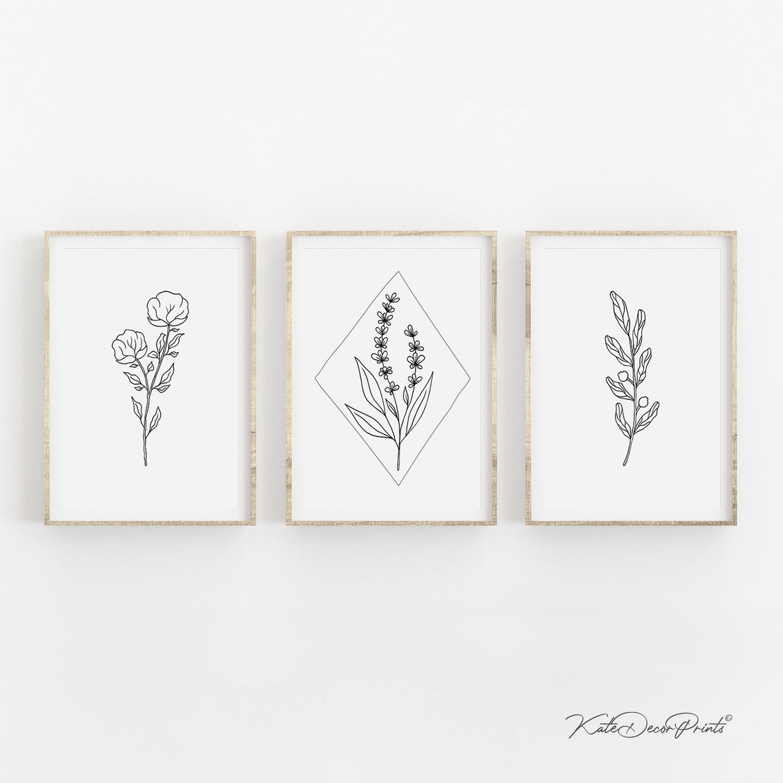 Black And White Floral Prints Set Of 3 Flower Prints Simple | Etsy