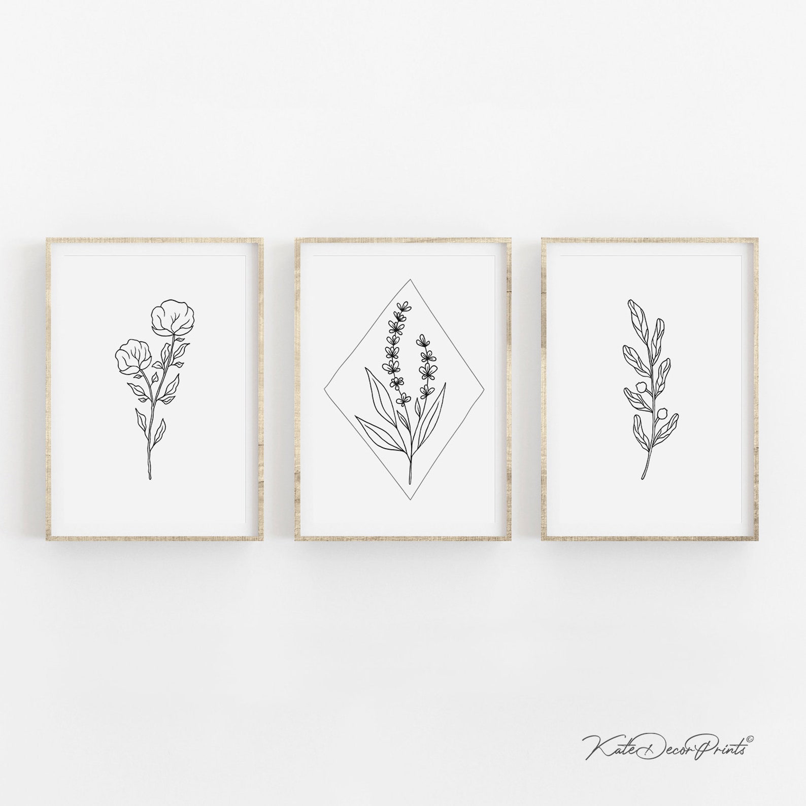 Black And White Floral Prints Set Of 3 Flower Prints Simple | Etsy