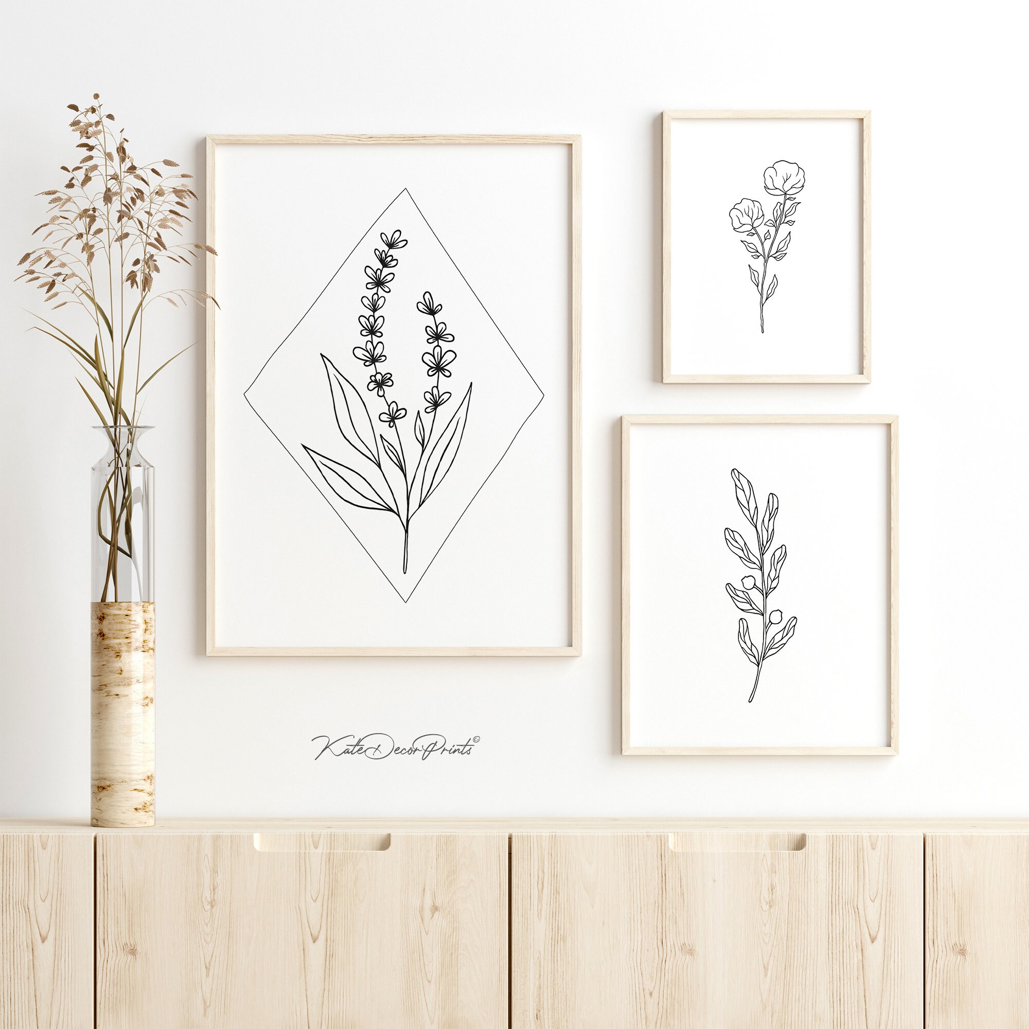 Black And White Floral Prints Set Of 3 Flower Prints Simple Etsy