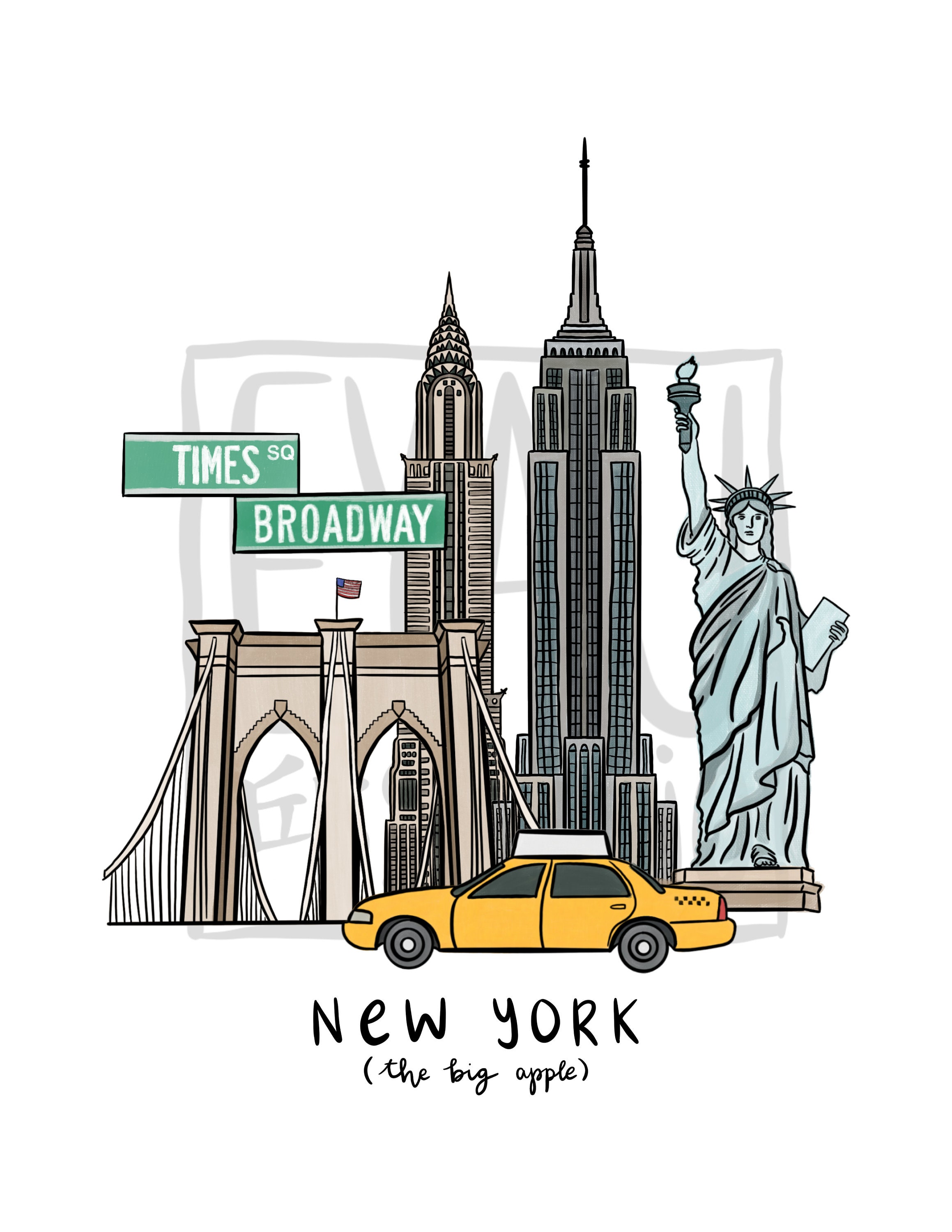 New York Print With Outline Printable Digital Art Decor | Etsy