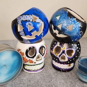Decorated Halloween Candle Holders: Pumpkins and Skulls, Ceramic Decor