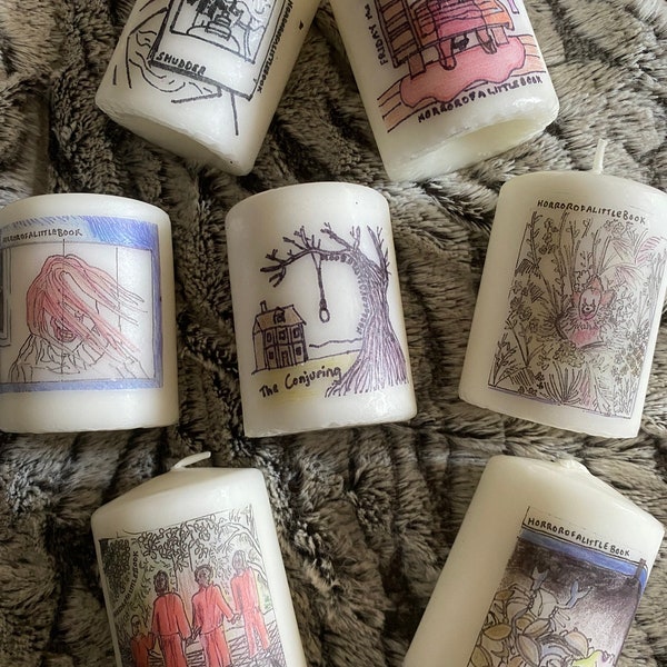 Hand-Drawn Horror-Themed 10cm Pillar Candles Scenes #2 - It, I Know What You Did Last Summer, Us, Friday the 13th, The Conjuring, Shutter