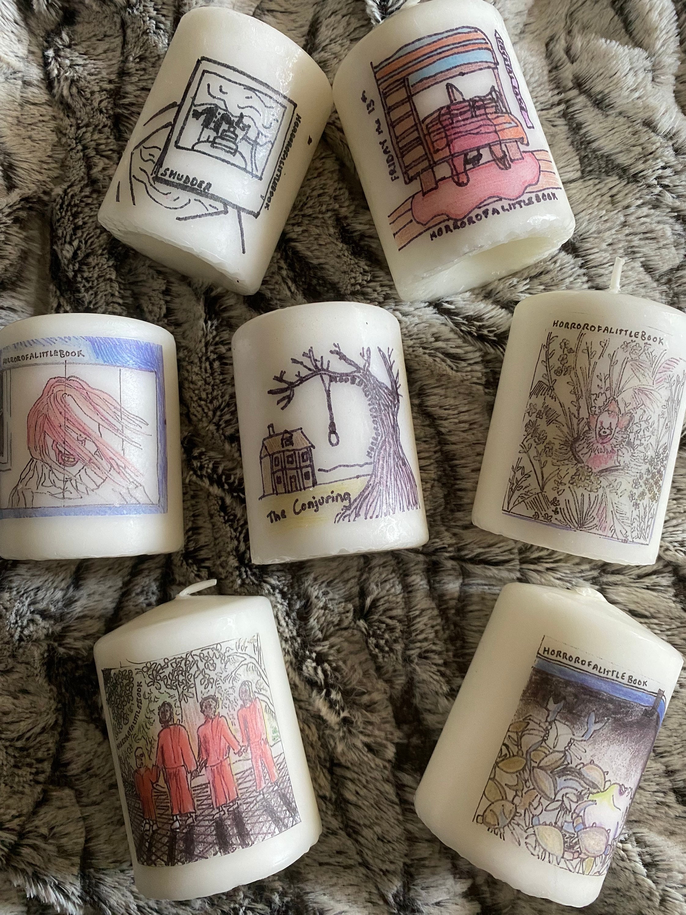 Hand-Drawn Horror-Themed 10cm Pillar Candles Scenes #2 - It, I Know What You Did Last Summer, Us, Friday the 13th, The Conjuring, Shutter