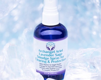 May include: A blue glass bottle with a white spray nozzle, labelled "Archangel Ariel Lavender Sage Smudge Spray for Clearing & Protection". The bottle is sitting on a bed of ice.