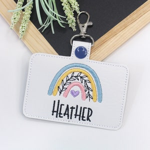 ID Badge Holder, Boho Leaf Rainbow Badge Holder, Personalized Horizontal ID Card Protector Case, Teacher Gift, Pastels