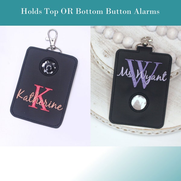 Alarm ID Badge Holder, Alarm Holder Key Ring, Vertical ID Card Case, Lanyard Accessory, Teacher Gift, Monogram Script