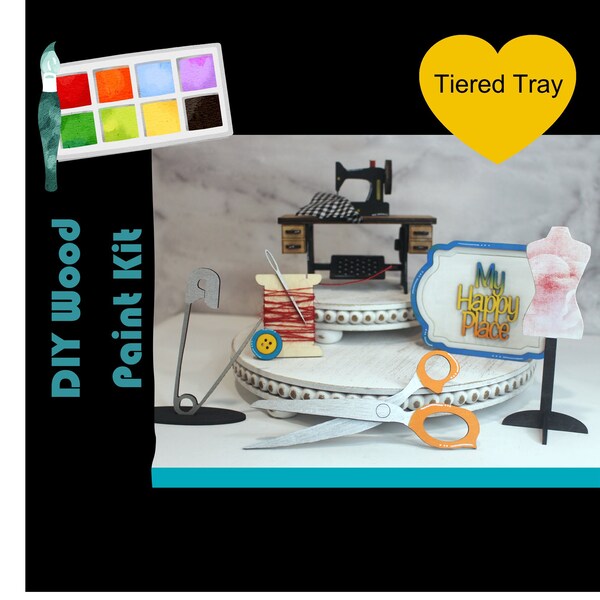 Sewing Supplies for Tiered Tray, 3D Sewing Machine, DIY Wood Project, Tiered Tray Decor, Paint it Yourself, DIY Paint Project