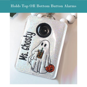 Alarm ID Badge Holder, Alarm Holder Key Ring, Vertical ID Card Case, Lanyard Accessory, Teacher Gift, Ghost Drinking Coffee