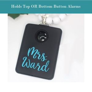 Alarm ID Badge Holder, Alarm Holder Key Ring, Personalized Vertical ID Card Case, Lanyard Accessory, Teacher Gift, Whimsical Font