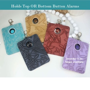Alarm ID Badge Holder, Alarm Holder Key Ring, Vertical ID Card Case, Lanyard Accessory, Teacher Gift, Embossed Faux Leather