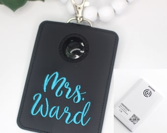 Alarm ID Badge Holder, Alarm Holder Key Ring, Personalized Vertical ID Card Case, Lanyard Accessory, Teacher Gift, Whimsical Font