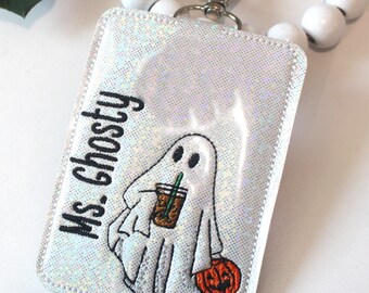 ID Badge Holder, Key Ring, Vertical ID Card Case, Lanyard Accessory, Teacher Gift, Ghost Drinking Coffee