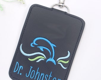 ID Badge Holder, Badge Holder Key Ring, Personalized Highlighter Vertical ID Card Case, Teacher Gift, Dolphin