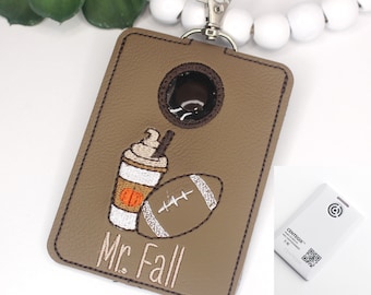 Alarm ID Badge Holder, Alarm Holder Key Ring, Vertical ID Card Case, Lanyard Accessory, Teacher Gift, Fall Football & Pumpkin Coffee