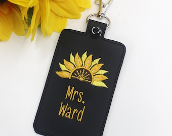 ID Badge Holder, Sunflower Badge Holder, Personalized Vertical ID Card Protector Case, Lanyard Accessory, Teacher Gift