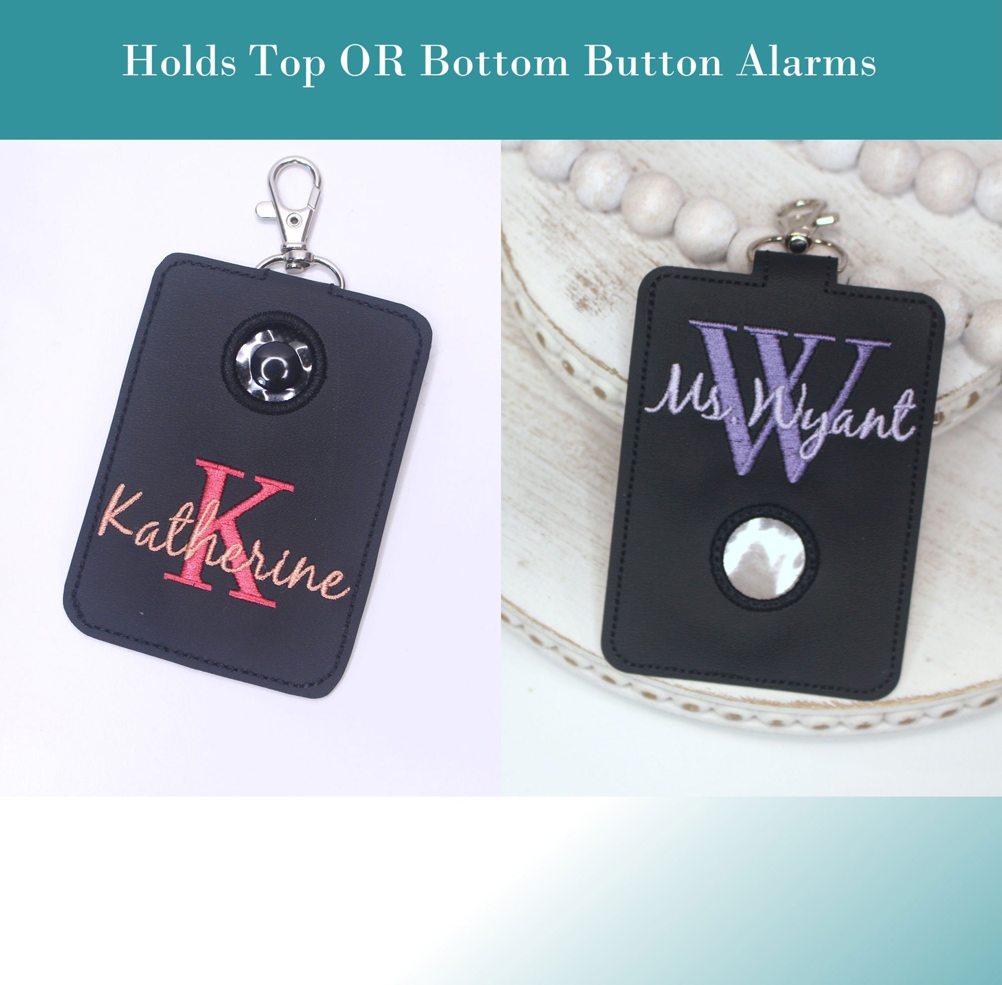 Alarm ID Badge Holder, Alarm Holder Key Ring, Vertical ID Card Case, Lanyard Accessory, Teacher Gift, Monogram Script