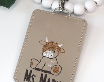 ID Badge Holder, Key Ring, Vertical ID Card Case, Lanyard Accessory, Teacher Gift, Highland Cow