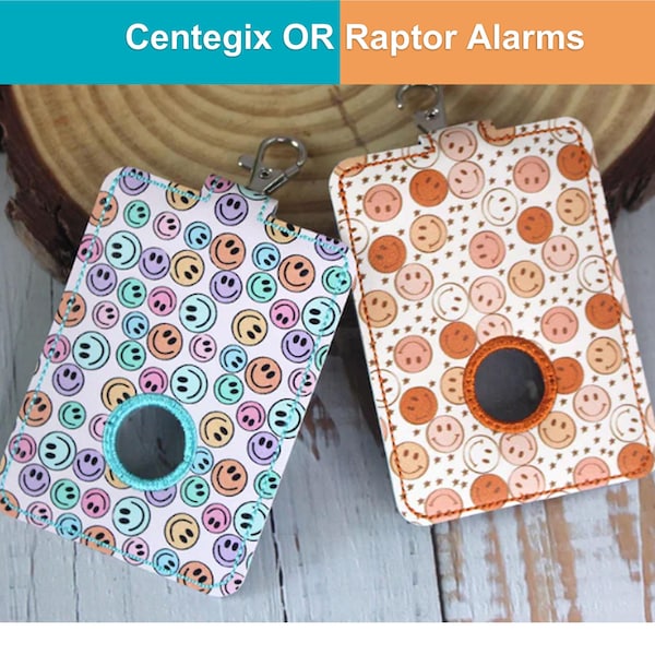 Alarm ID Badge Holder, Centegix Alarm, Raptor Alarm, Alert ID Card Case, Lanyard Accessory, Teacher Gift, Smiley Printed Faux Leather