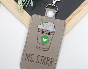 ID Badge Holder, Kawaii Coffee Cup Badge Holder, Personalized Vertical ID Card Protector Case, Lanyard Accessory, Teacher Gift
