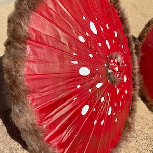 Pode incluir: Dois itens decorativos em forma de cogumelo vermelho com manchas brancas. Os itens t&ecirc;m uma borda de pele sint&eacute;tica e s&atilde;o projetados para se assemelhar a um chap&eacute;u de cogumelo. Provavelmente s&atilde;o usados para fins decorativos.
