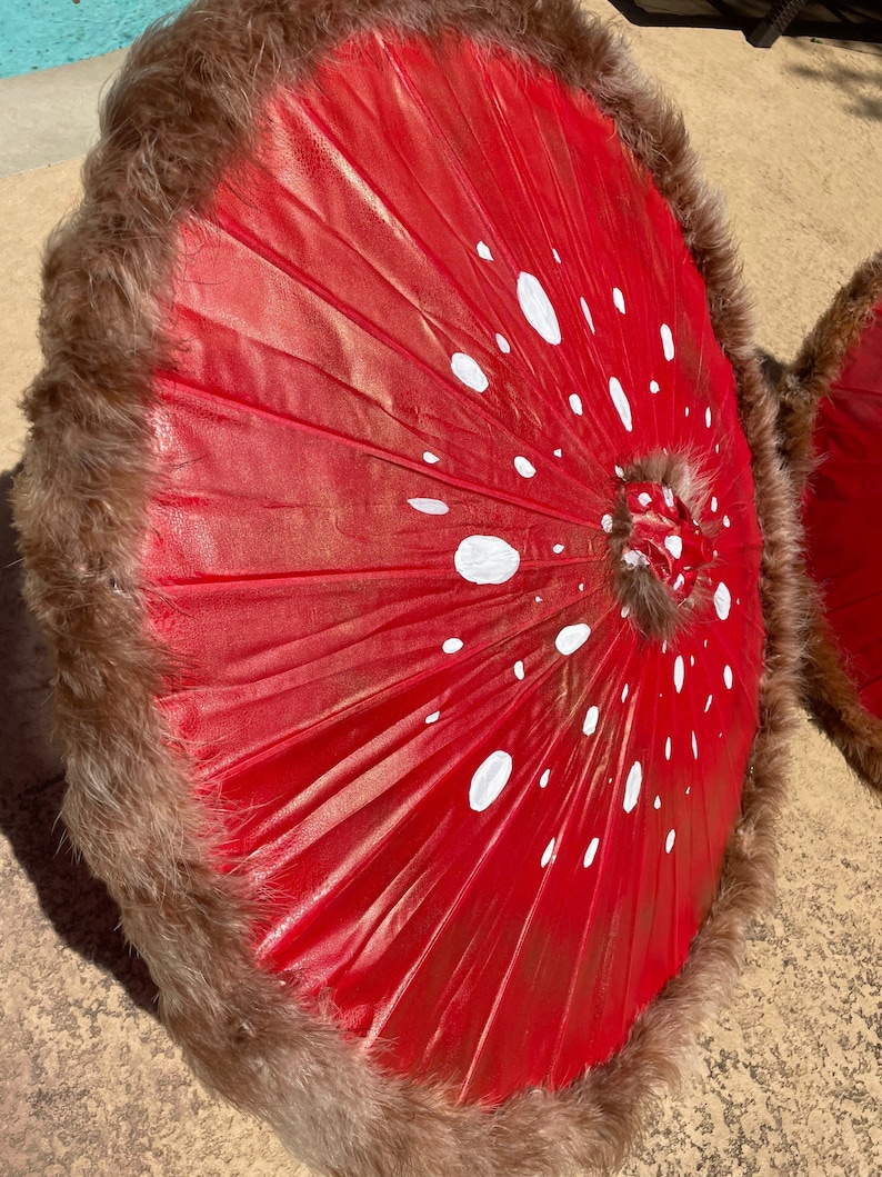 Pode incluir: Dois itens decorativos em forma de cogumelo vermelho com manchas brancas. Os itens t&ecirc;m uma borda de pele sint&eacute;tica e s&atilde;o projetados para se assemelhar a um chap&eacute;u de cogumelo. Provavelmente s&atilde;o usados para fins decorativos.