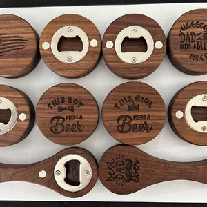 Wooden Bottle Opener - Round or Handle - Magnetic - Engraving - Walnut or Poplar