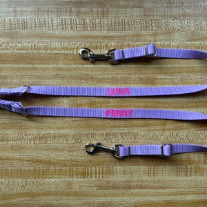 May include: Purple double dog leash with two silver clips and the names "Luna" and "Penny" embroidered in pink.