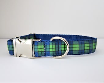 Green and blue plaid dog collar, Wristlet keychain, Festive collar, Collar for boy dog, Collar for girl dog, Gift dog collar