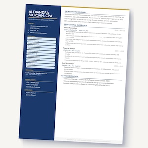 Puede incluir: Un currículum vitae profesional para Alexandra Morgan, CPA, Senior Accountant & Financial Analyst. El currículum tiene un encabezado azul marino con información de contacto y una lista de habilidades. El cuerpo principal es blanco con texto negro, que detalla la experiencia profesional y los logros.