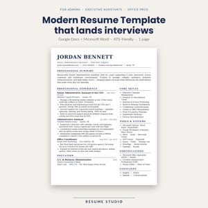 Puede incluir: Una plantilla de currículum vitae con el texto "Modern Resume Template that lands interviews". El currículum es para Jordan Bennett, Senior Administrative Executive Support. La plantilla es compatible con ATS y con Google Docs y Microsoft Word.