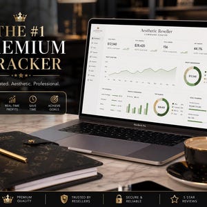Puede incluir: Un portátil que muestra gráficos de análisis de datos se encuentra sobre una superficie de mármol junto a un cuaderno y una taza de café. La pantalla del portátil muestra el texto "Aesthetic Reseller Command Center". El cuaderno tiene un bolígrafo dorado encima. La imagen también incluye el texto "THE #1 PREMIUM TRACKER."