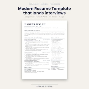 Puede incluir: Una plantilla de currículum vitae moderna con el texto "Modern Resume Template that lands interviews". El currículum incluye secciones para resumen profesional, experiencia, habilidades principales y herramientas. La plantilla está diseñada para analistas, banqueros y profesionales de finanzas.