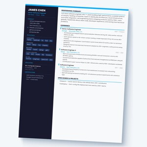 Puede incluir: Un currículum vitae para James Chen, ingeniero de software, con un diseño azul y blanco. El currículum incluye secciones para resumen profesional, experiencia, pila tecnológica, educación y certificaciones. La sección de pila tecnológica enumera varios lenguajes.