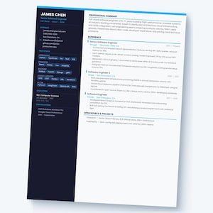 May include: A resume for James Chen, a software engineer, with a blue and white design. The resume includes contact information, tech stack, education, certifications, and open source projects. The document is angled slightly.