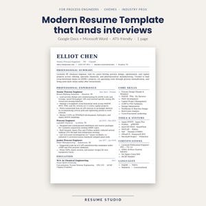 Op de afbeelding: Een modern cv-sjabloon met de kop "Modern Resume Template that lands interviews". Het cv is voor Elliot Chen, een Senior Process Engineer. Het document bevat secties voor professionele samenvatting, ervaring, vaardigheden en certificeringen.