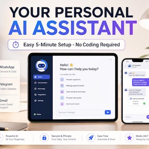 Puede incluir: Anuncio de un asistente de IA. La imagen muestra una tableta y un teléfono inteligente que muestran la interfaz de IA, con iconos de WhatsApp, Telegram y Gmail. El texto incluye "Easy 5-Minute Setup - No Coding Required."