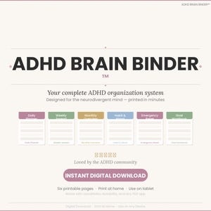 Puede incluir: Una descarga digital titulada "ADHD Brain Binder" con un encabezado morado. La imagen muestra un sistema de organización completo diseñado para la mente neurodivergente. Incluye secciones para la planificación diaria, hojas de cálculo semanales y cuadernos de trabajo.