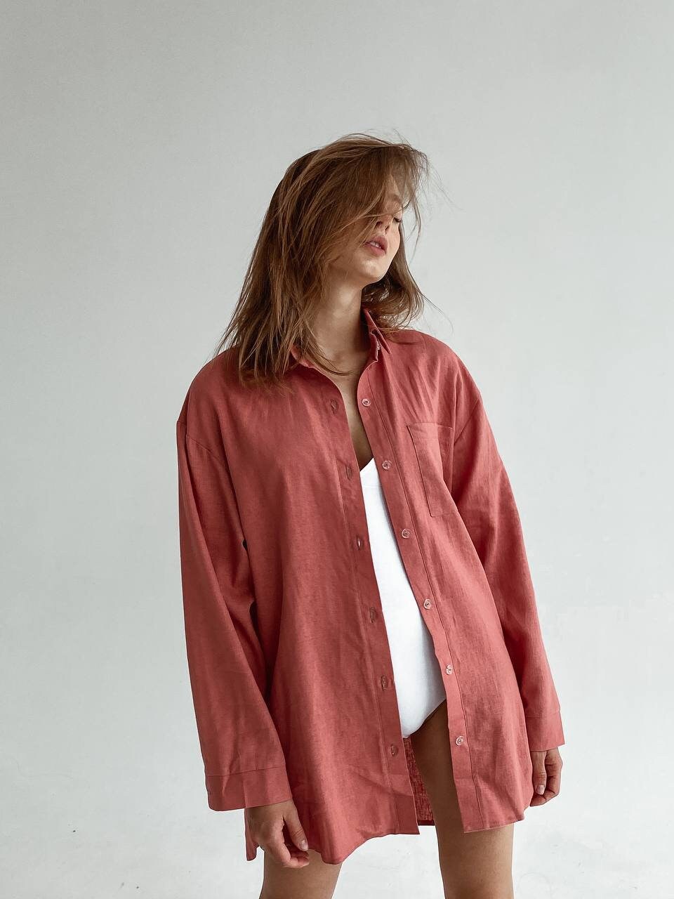 Pink linen woman shirt/ long shirt dress/Classic linen button Etsy